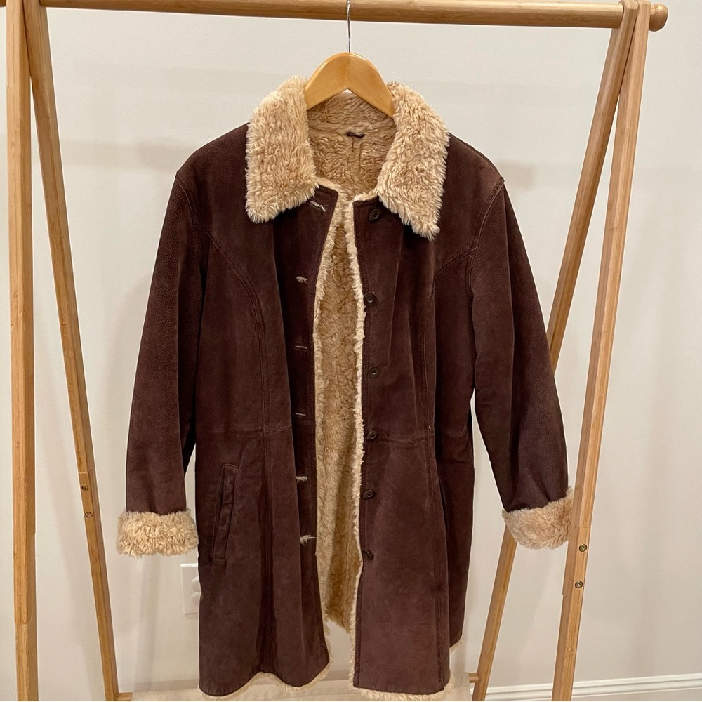 ✨SOLD✨ Vintage Suede Leather Penny Lane Longline Faux Fur Lined Collared Coat - Picture 2 of 6